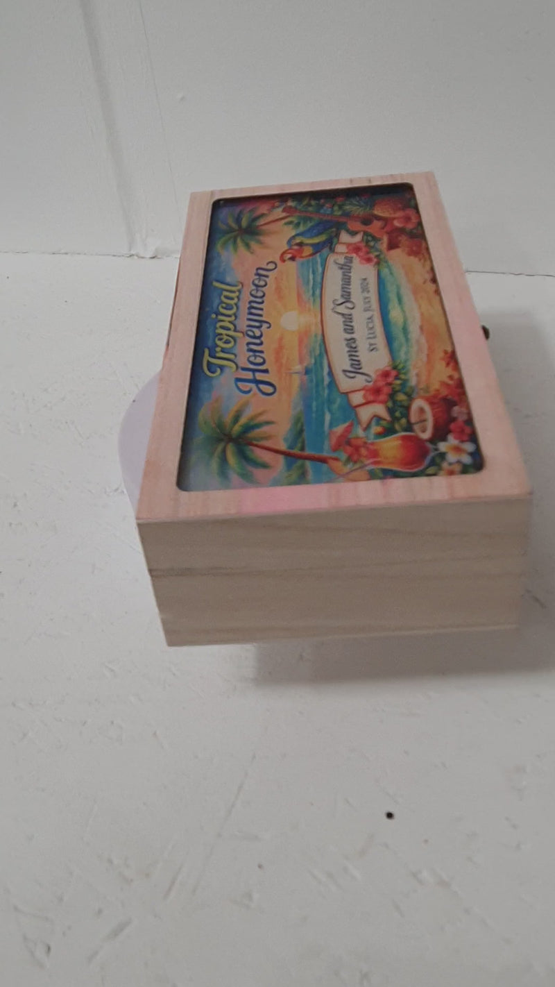 Handcrafted wooden memory box with smooth finish and full-colour acrylic lid insert for honeymoon keepsakes