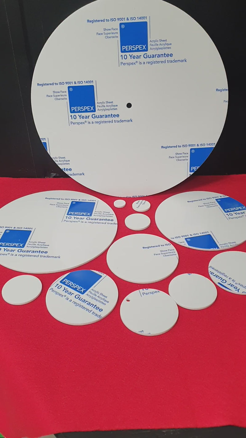 Various sizes of precision laser cut acrylic discs and circles made from premium 3mm cast acrylic for crafts, signage, sublimation and clock making projects.