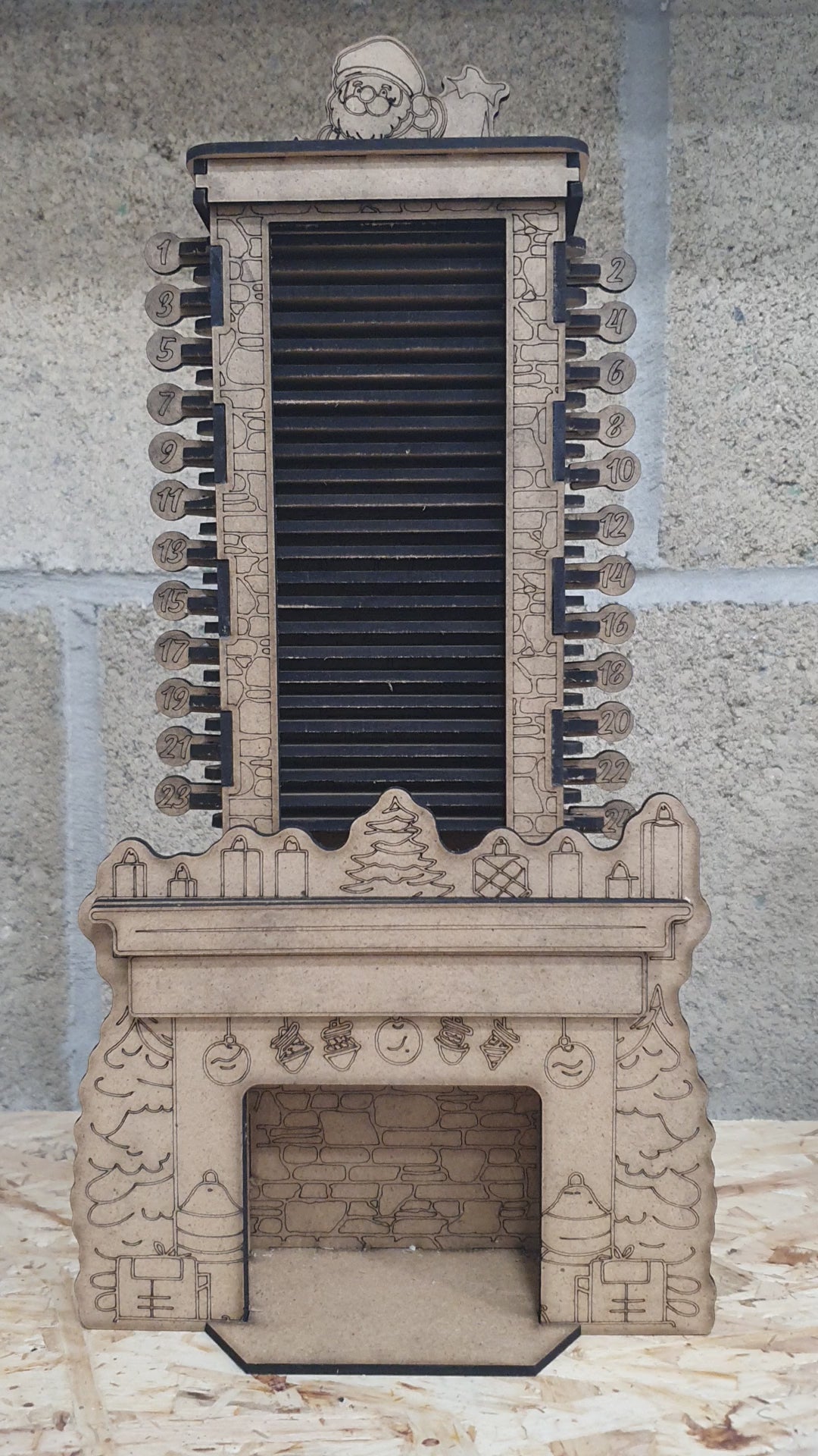 Load video: Santa Chimney Wooden Advent Calendar SVG | Laser Cut Christmas Countdown | MDF Fireplace Craft File (1–24 Days)