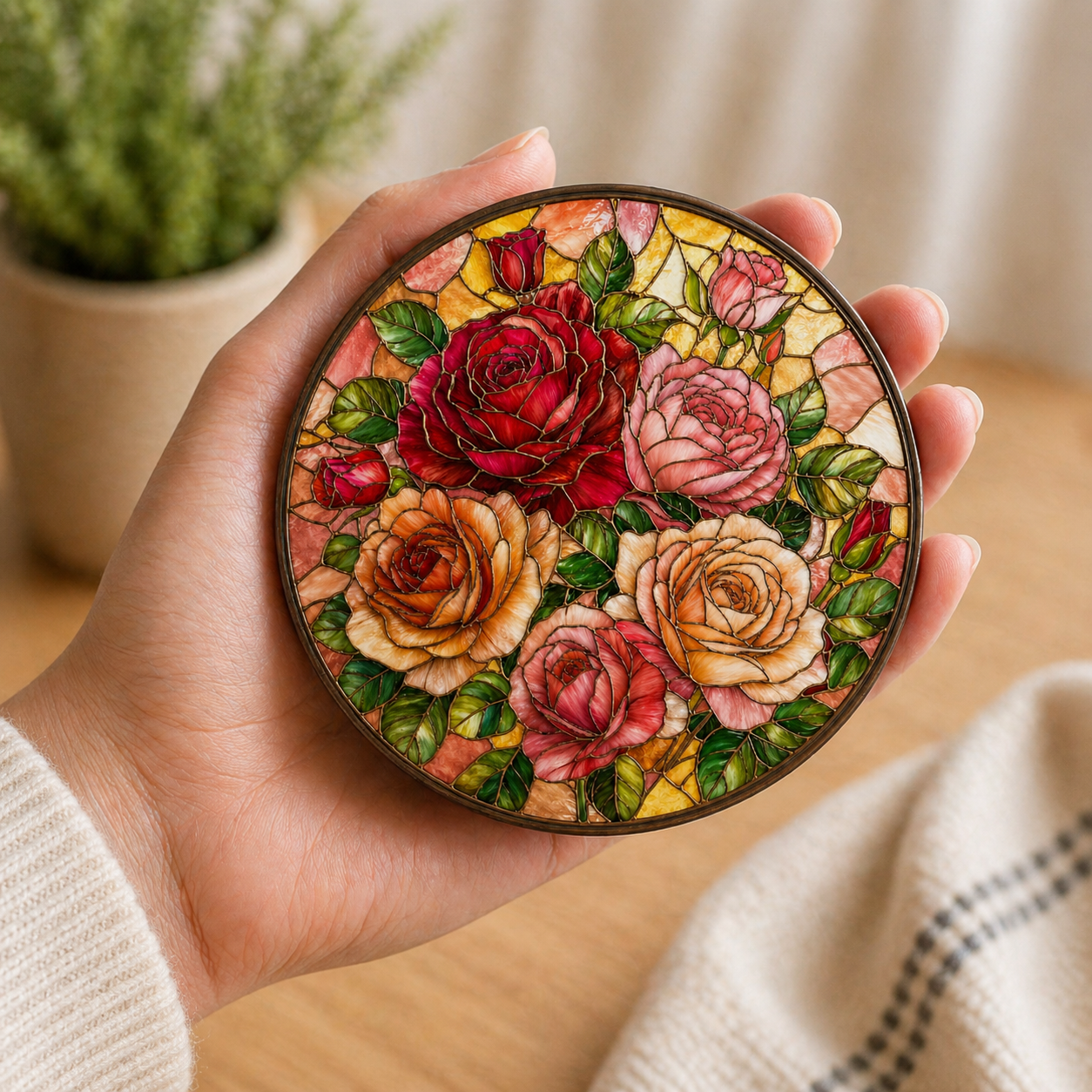 Round acrylic drink coaster featuring detailed red, pink and peach roses in a stained glass effect design with warm tones