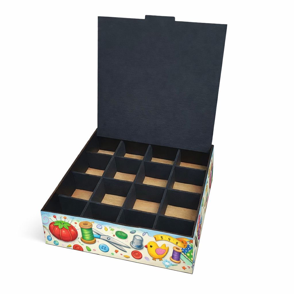 ewing-themed wooden storage box with 9 or 16 compartments for craft supplies