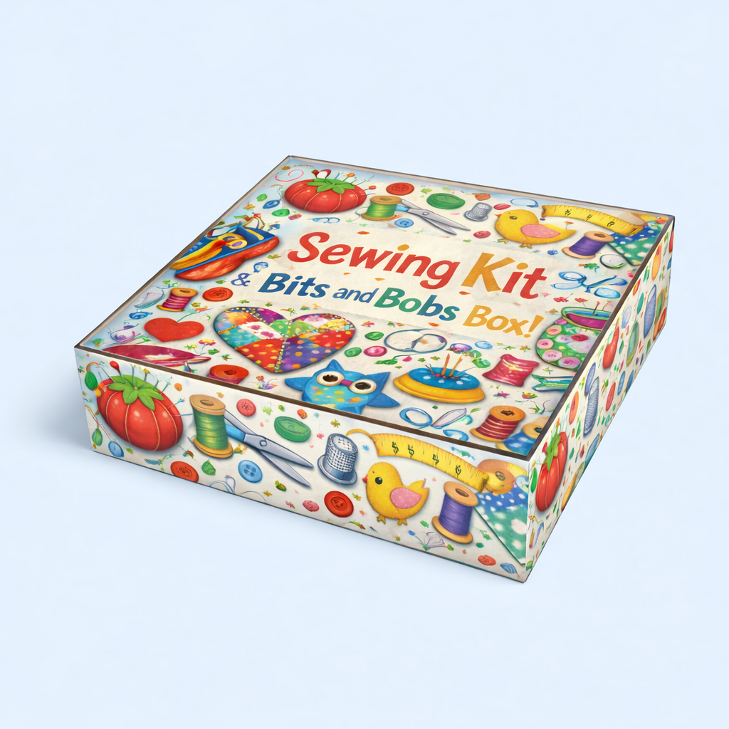 Wooden sewing bits and bobs box with compartments for buttons, needles, threads and sewing accessories