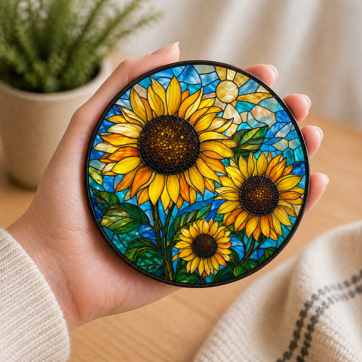 Round acrylic drink coaster featuring bright yellow sunflowers with a stained glass effect and blue sky background with sun detail