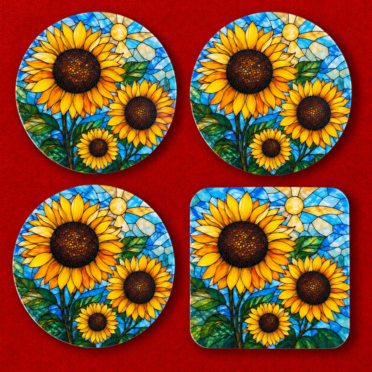Four coasters featuring a stained-glass style sunflower design, arranged in a 2x2 grid on a solid red background. Three coasters are round and one is rectangular with rounded corners.