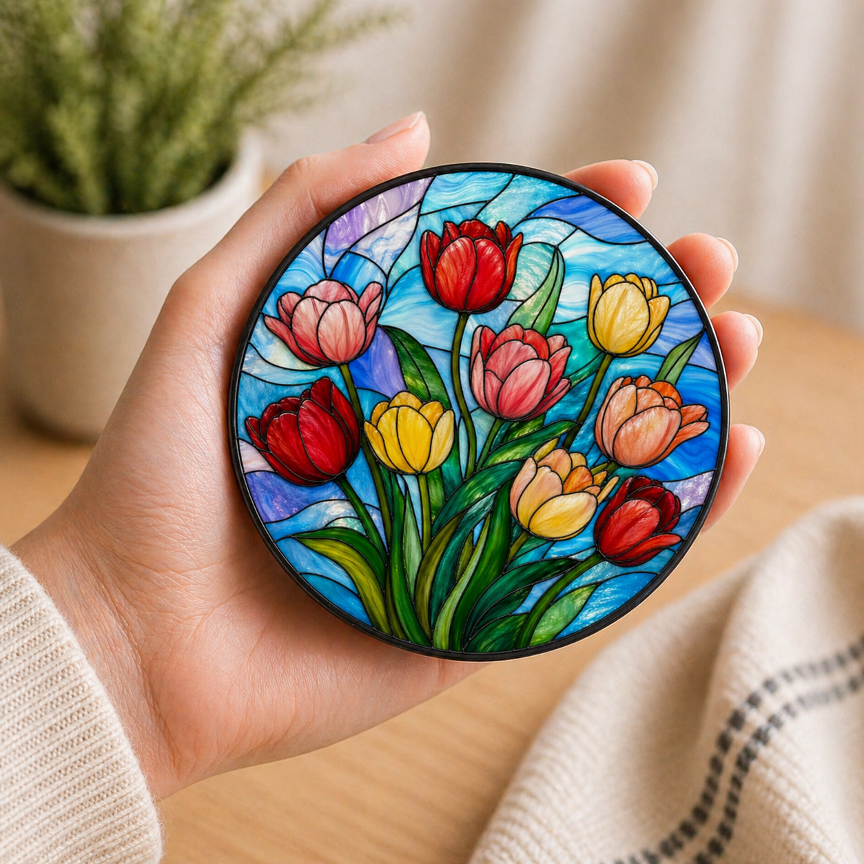Round acrylic drink coaster featuring colourful tulips in red, pink, yellow and peach with a stained glass effect blue background