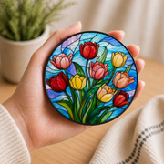 Tulip Stained Glass Coaster, Floral Acrylic Drink Coaster with Cork Backing