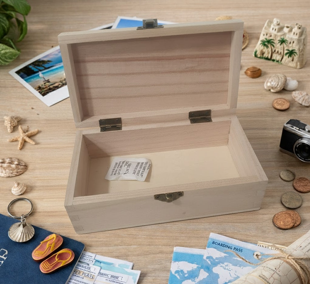 Custom honeymoon keepsake box made from natural wood, featuring romantic travel-themed engraving.