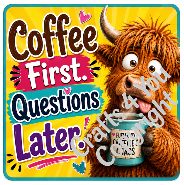 Cartoon Highland Cow coaster set featuring six colourful designs with witty slogans about adulting, coffee, grammar, dishes, wine and getting older, perfect for kitchens and coffee tables.