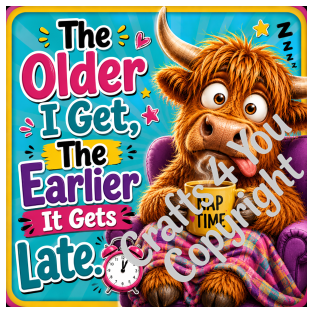 Novelty Highland Cow coaster set with six unique colourful designs, combining quirky cartoon artwork and humorous sayings to brighten any home, office desk or coffee station.